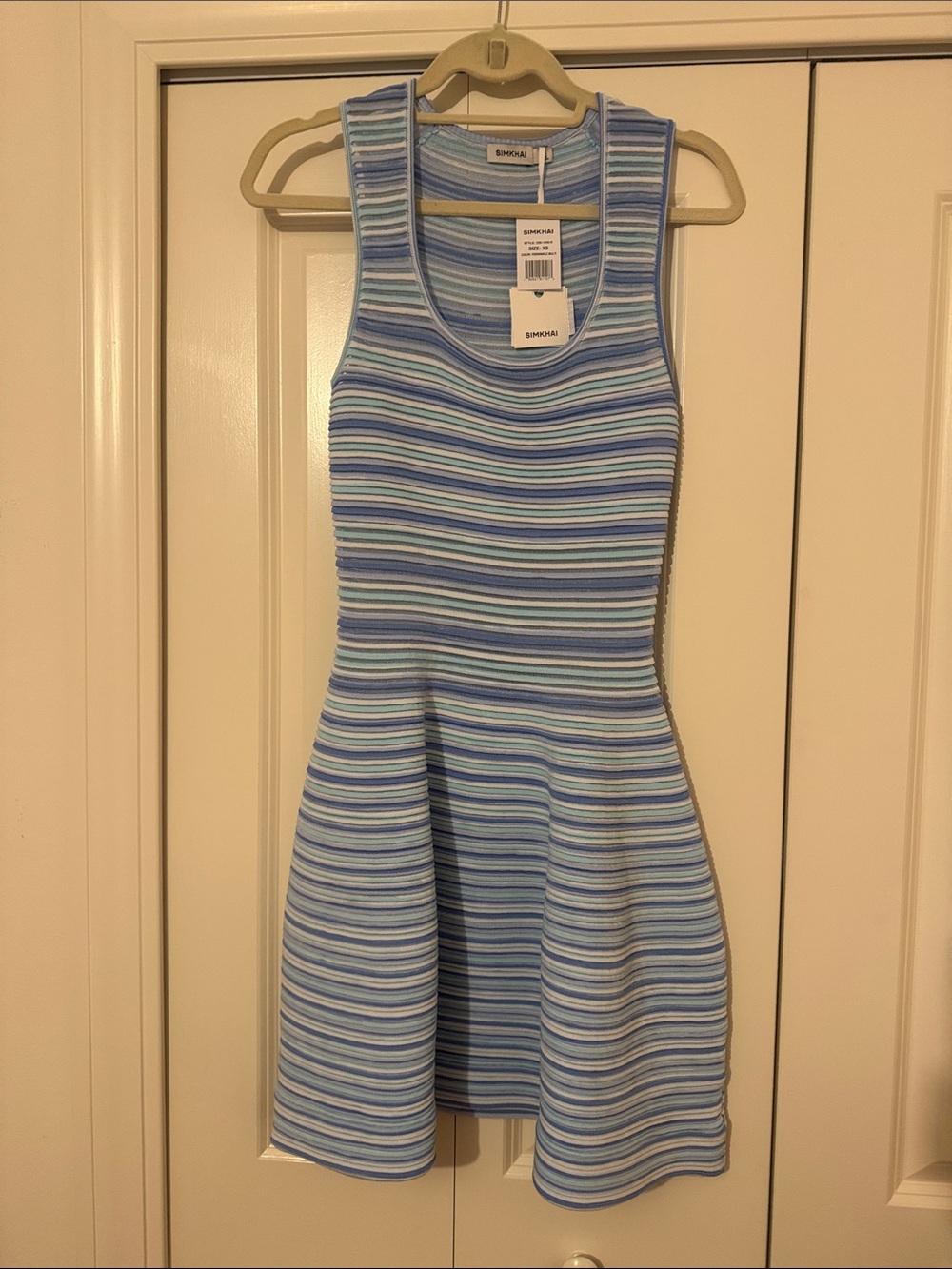 Jonathan Simkhai Cally Blue and White Striped Sleeveless Fit-and-Flare Dress